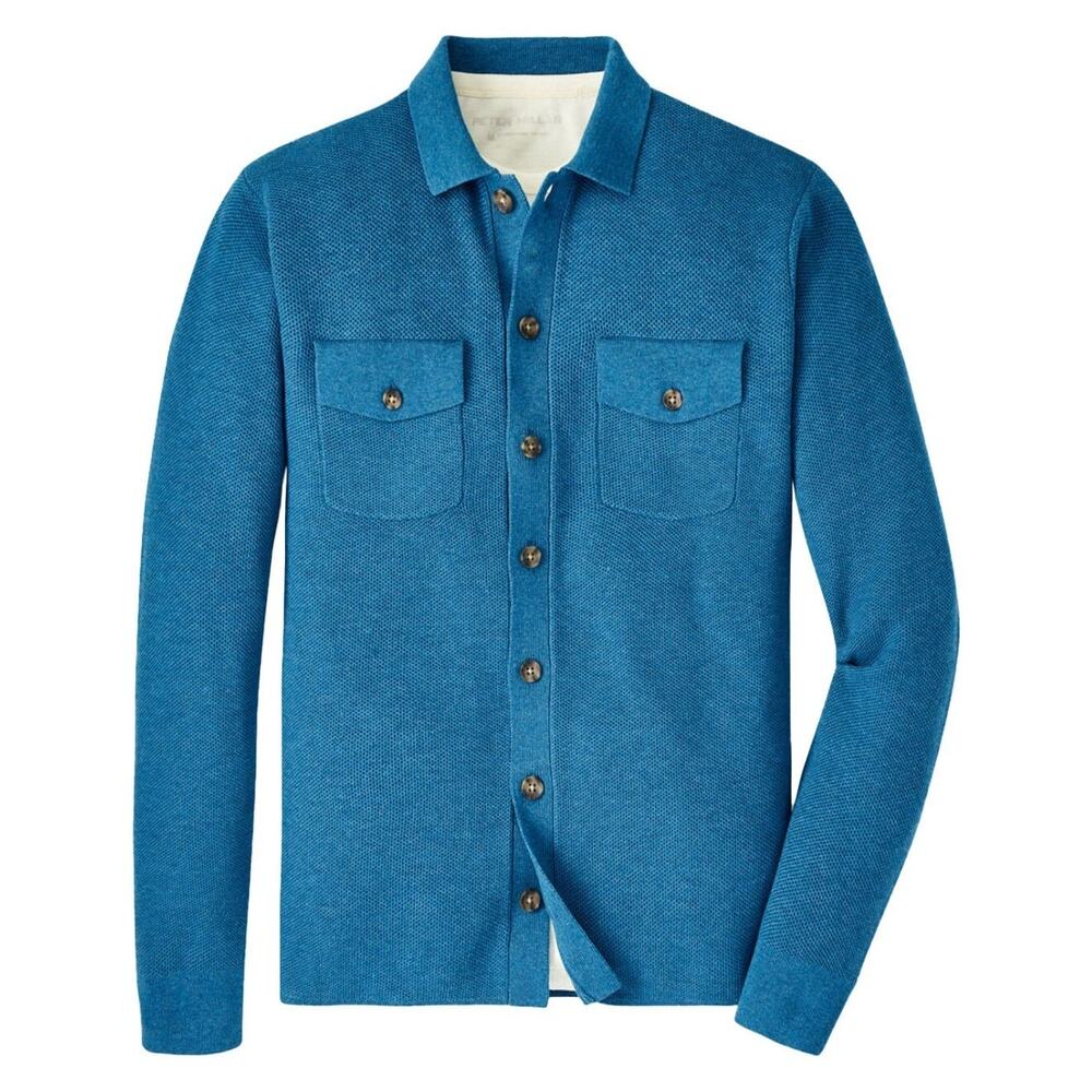 Peter Millar L Trenton Cardigan Sweater Shirt Reservoir Cotton Wool Blend $295